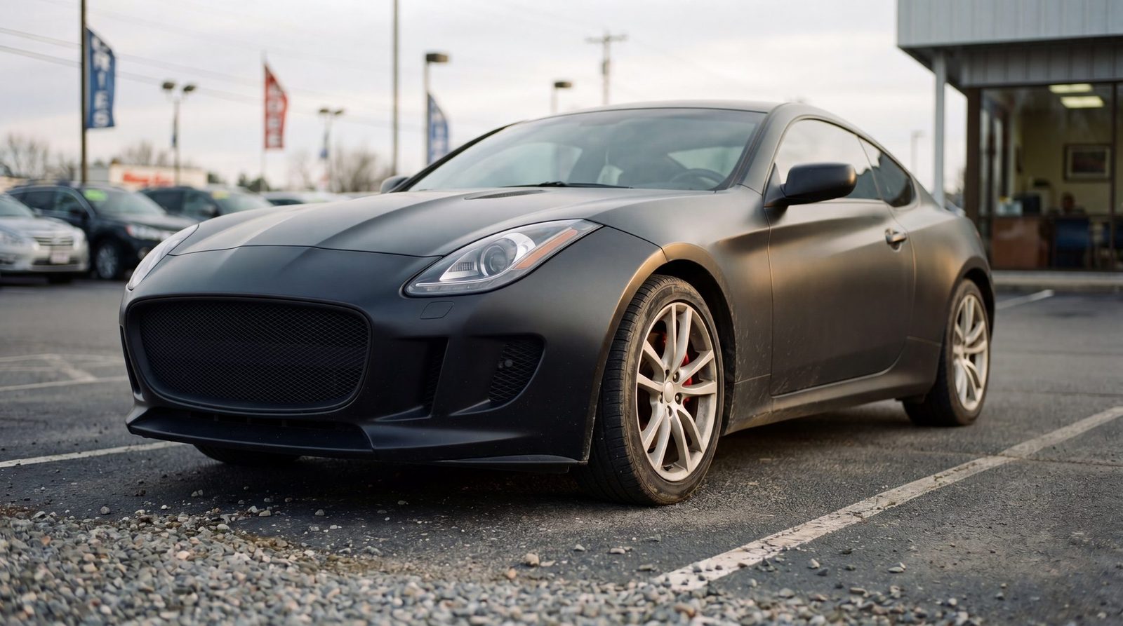 Sports coupe on dealership lot at golden hour